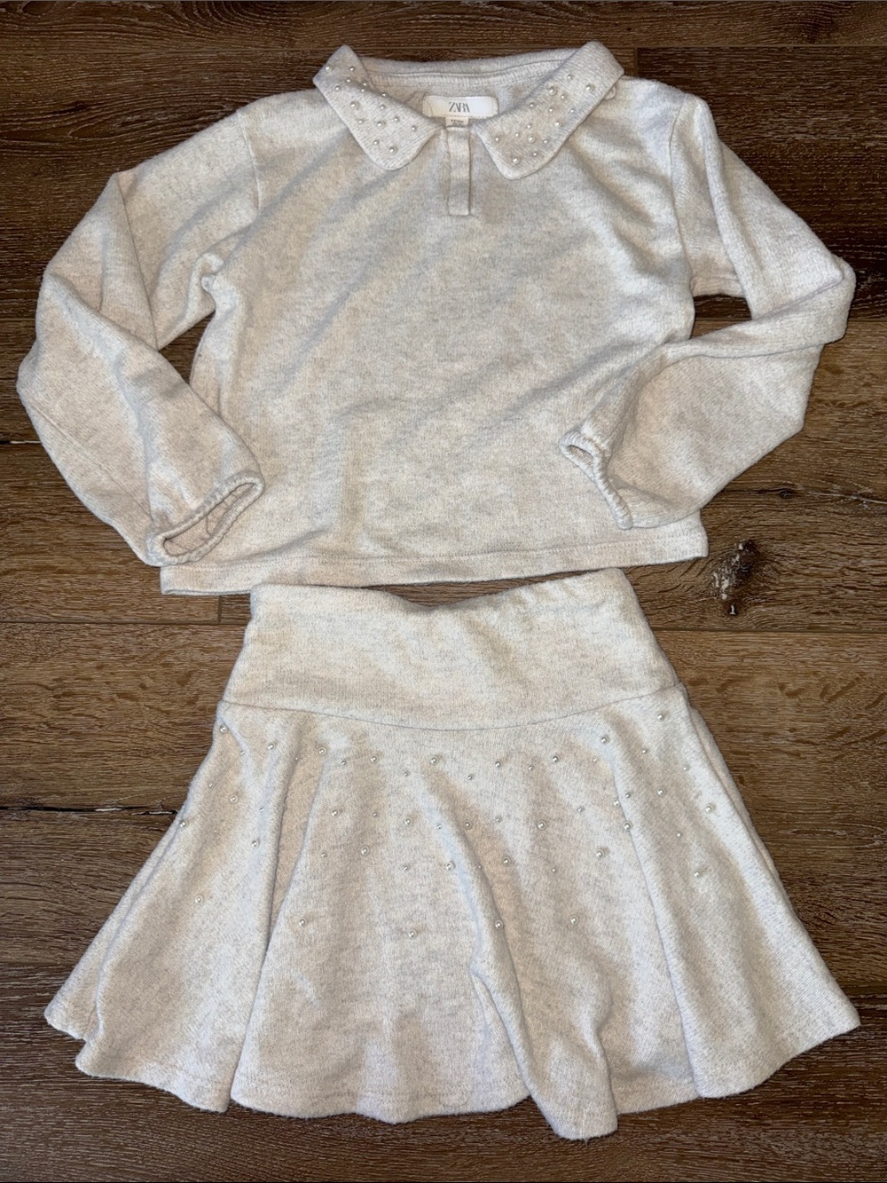 Zara Cream Pearl-Accent Skirt & Top Set